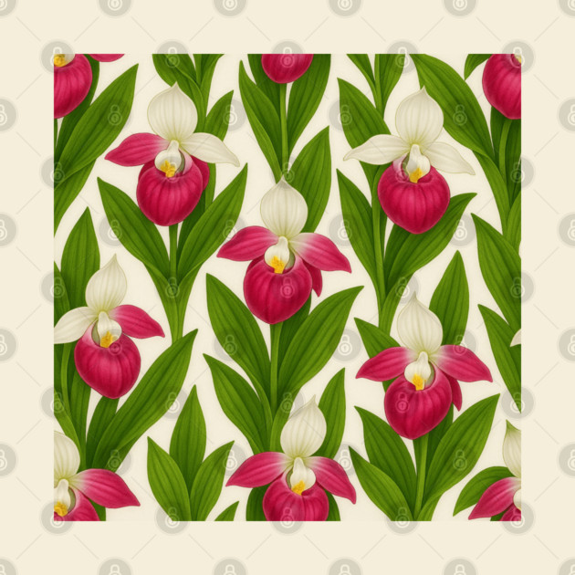 Showy Lady’s Slipper Seamless Botanical Cushion by Sharafeldin  's Store