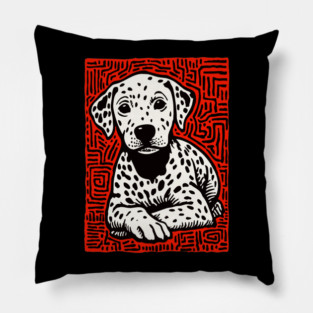 Sweet Dalmatian Puppy Linocut Art for Modern Nursery Decor Pillow