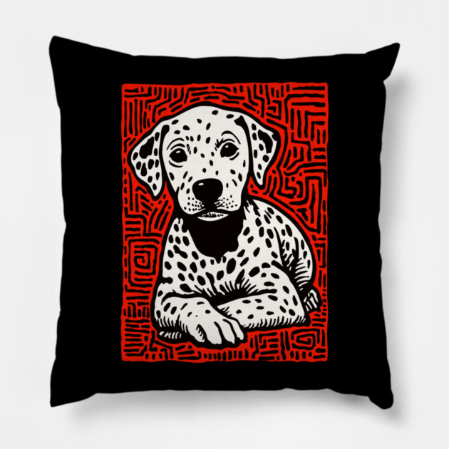 Sweet Dalmatian Puppy Linocut Art for Modern Nursery Decor Pillow by TuncGK