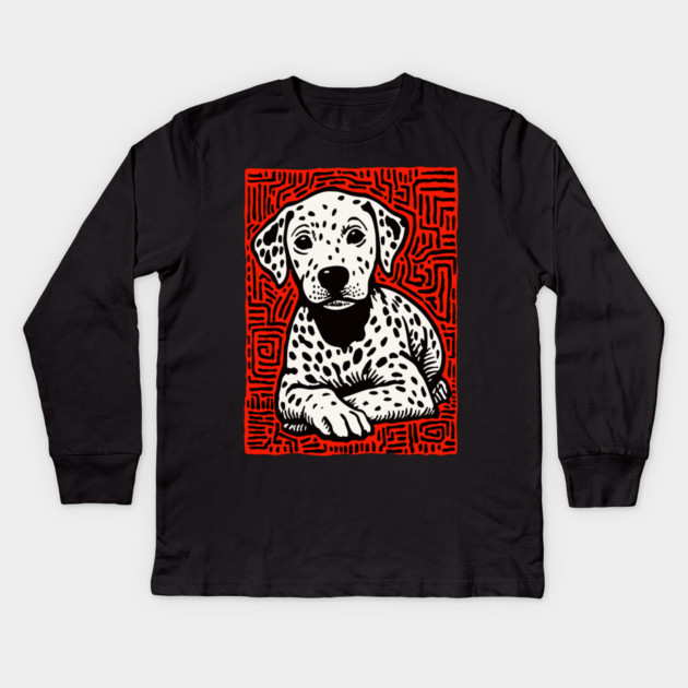 Sweet Dalmatian Puppy Linocut Art for Modern Nursery Decor Kids Long Sleeve T-Shirt by TuncGK