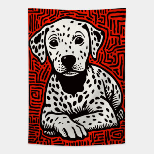 Sweet Dalmatian Puppy Linocut Art for Modern Nursery Decor Tapestry