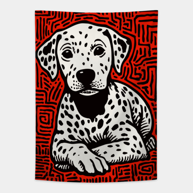 Sweet Dalmatian Puppy Linocut Art for Modern Nursery Decor Tapestry by TuncGK