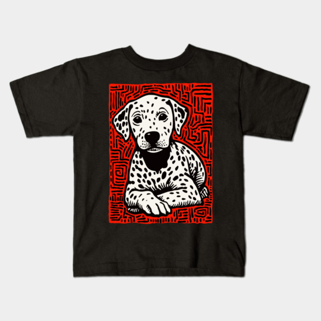 Sweet Dalmatian Puppy Linocut Art for Modern Nursery Decor Kids T-Shirt by TuncGK