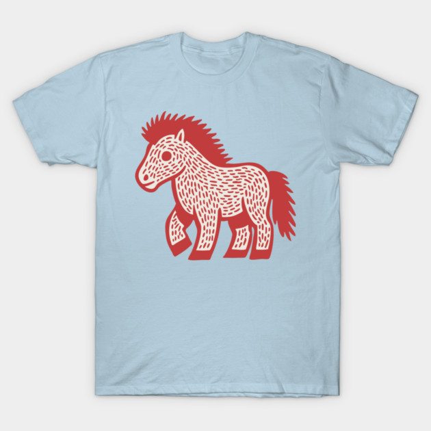 Playful Red Pony Linocut for Horse Girl Room Decor T-Shirt by TuncGK