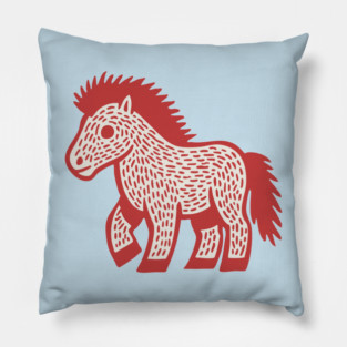 Playful Red Pony Linocut for Horse Girl Room Decor Pillow