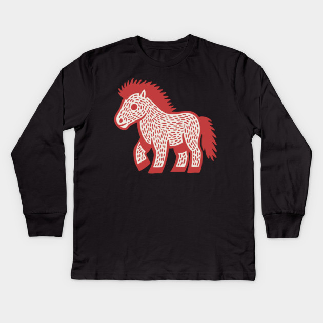Playful Red Pony Linocut for Horse Girl Room Decor Kids Long Sleeve T-Shirt by TuncGK