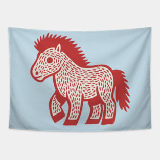 Playful Red Pony Linocut for Horse Girl Room Decor Tapestry