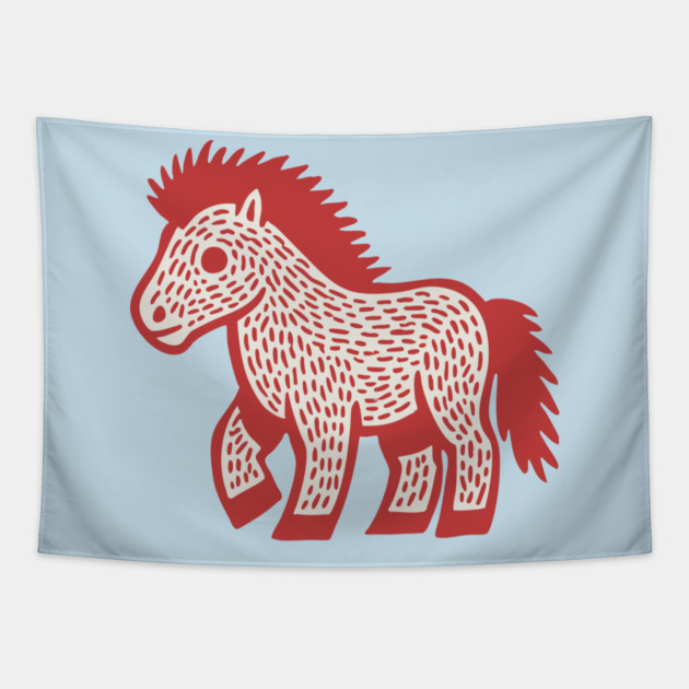 Playful Red Pony Linocut for Horse Girl Room Decor Tapestry by TuncGK