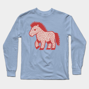 Playful Red Pony Linocut for Horse Girl Room Decor Long Sleeve T-Shirt