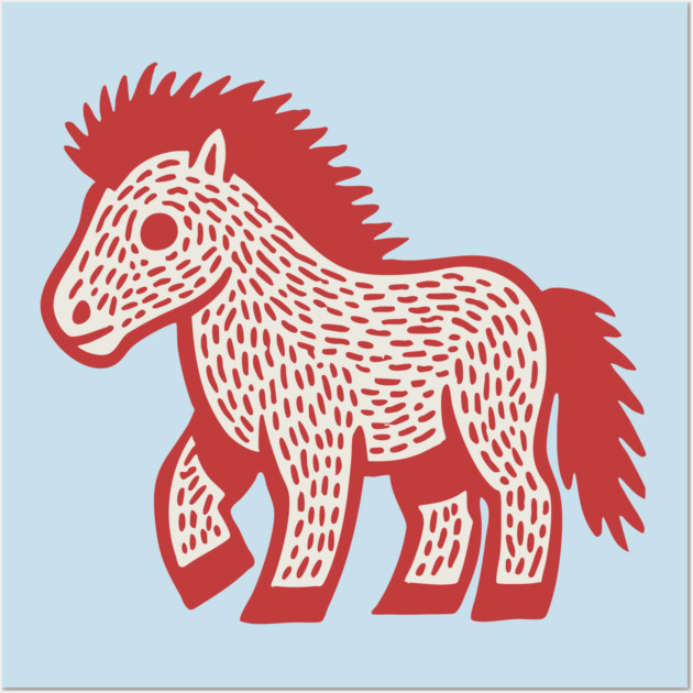 Playful Red Pony Linocut for Horse Girl Room Decor Wall Art by TuncGK