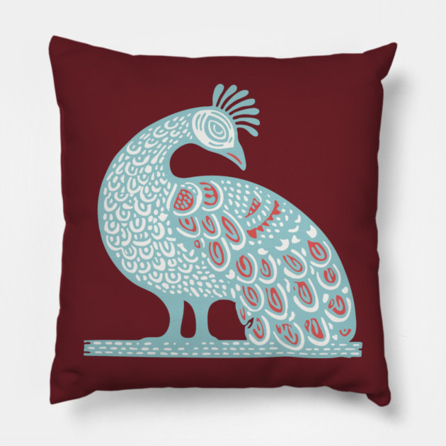 Elegant Peacock Folk Art for Whimsical Nursery Decor Pillow by TuncGK