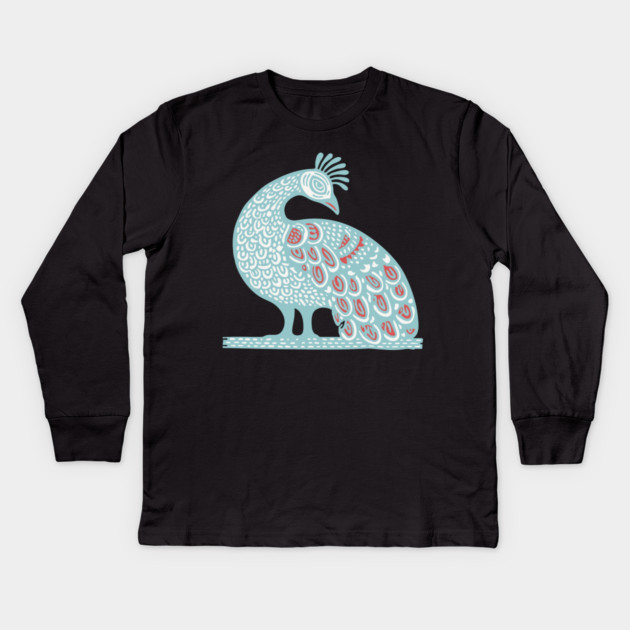 Elegant Peacock Folk Art for Whimsical Nursery Decor Kids Long Sleeve T-Shirt by TuncGK