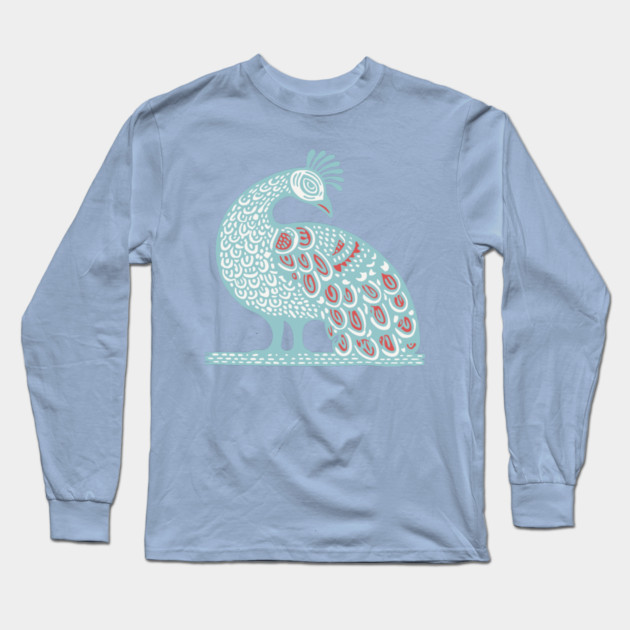 Elegant Peacock Folk Art for Whimsical Nursery Decor Long Sleeve T-Shirt by TuncGK