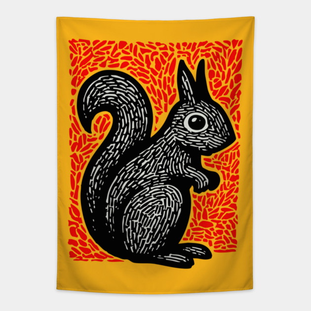 Graphic Black Squirrel Print for Modern Woodland Nursery Art Tapestry by TuncGK