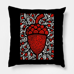 Folk Art Acorn Linocut for Autumn & Woodland Nursery Decor Pillow