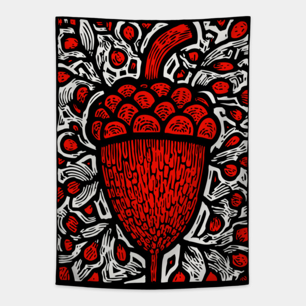 Folk Art Acorn Linocut for Autumn & Woodland Nursery Decor Tapestry by TuncGK