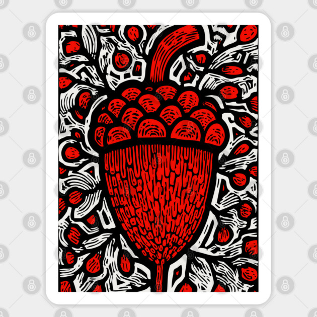 Folk Art Acorn Linocut for Autumn & Woodland Nursery Decor Sticker by TuncGK