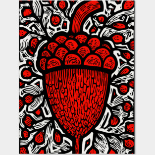 Folk Art Acorn Linocut for Autumn & Woodland Nursery Decor Posters and Art