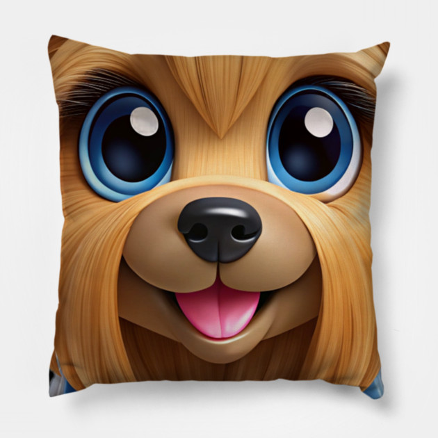 Cute Yorkshire Terrier Cartoon with Big Blue Eyes Pillow by IamActiveDog