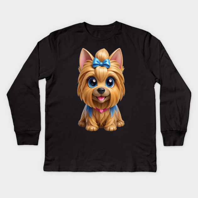 Cute Yorkshire Terrier Cartoon with Big Blue Eyes Kids Long Sleeve T-Shirt by IamActiveDog