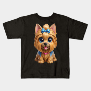 Cute Yorkshire Terrier Cartoon with Big Blue Eyes Kids T-Shirt