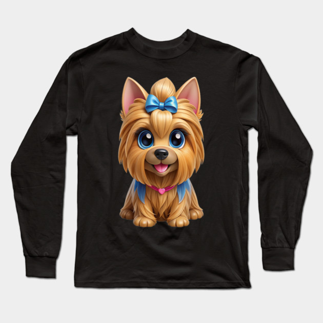 Cute Yorkshire Terrier Cartoon with Big Blue Eyes Long Sleeve T-Shirt by IamActiveDog