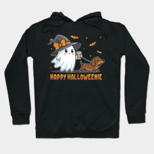 Funny Halloween Happy Halloweenie Ghost Walking a Dachshund Hoodie