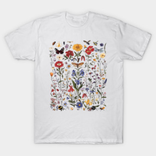 Vintage Pressed Flower Butterfly Bee Botanical Floral Garden T-Shirt