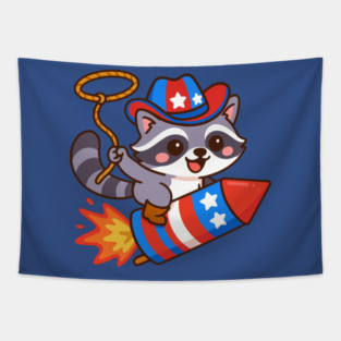 Patriotic Cowboy Raccoon – 4th of July Rocket Rider Tapestry
