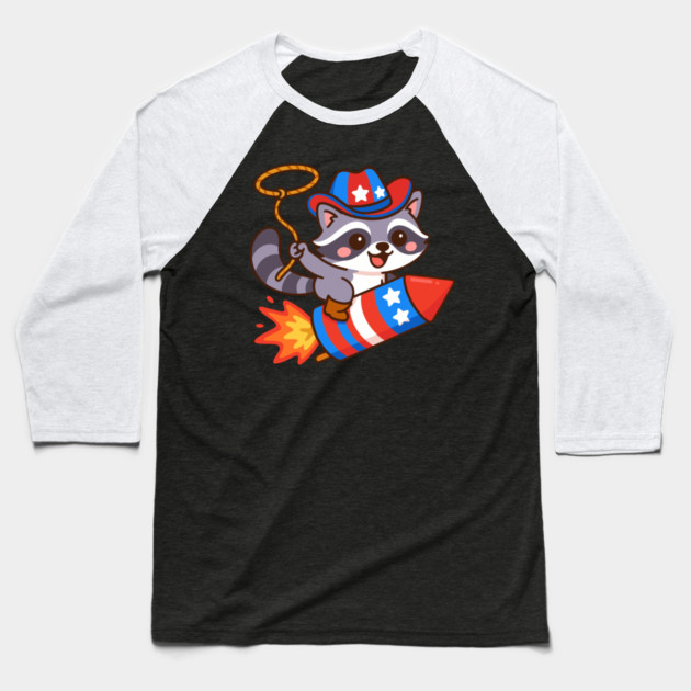 Patriotic Cowboy Raccoon – 4th of July Rocket Rider Baseball T-Shirt by DonWillisJrArt