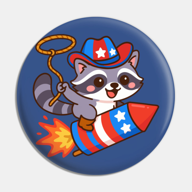 Patriotic Cowboy Raccoon – 4th of July Rocket Rider Pin by DonWillisJrArt