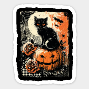 Black Cat on Pumpkin Vintage Halloween Distressed Gothic Sticker