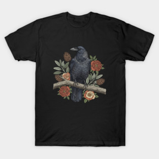 Gothic Raven Crow Botanical Rose Vintage Bird Art T-Shirt