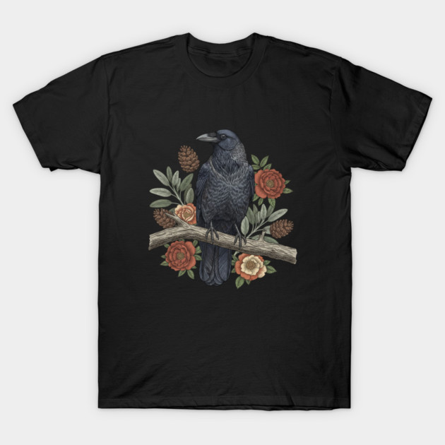 Gothic Raven Crow Botanical Rose Vintage Bird Art T-Shirt by BirdsnStuff