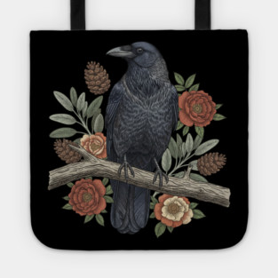 Gothic Raven Crow Botanical Rose Vintage Bird Art Tote