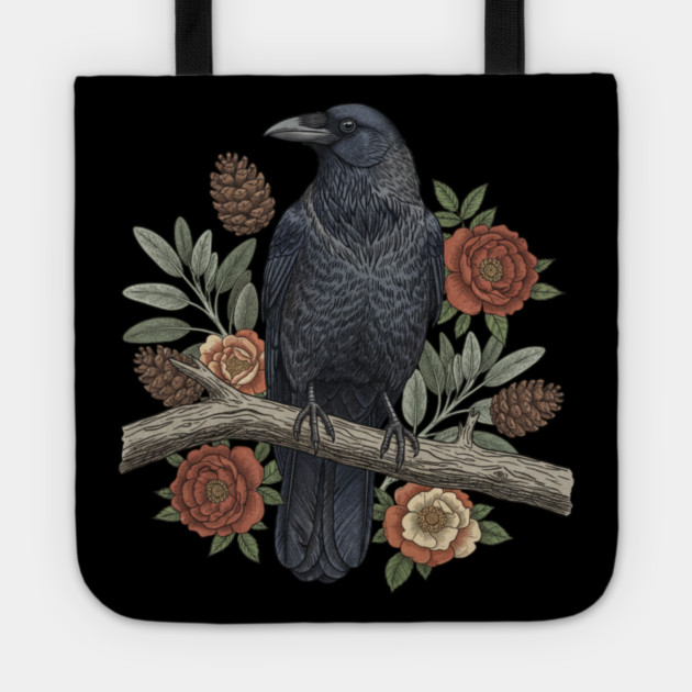 Gothic Raven Crow Botanical Rose Vintage Bird Art Tote by BirdsnStuff
