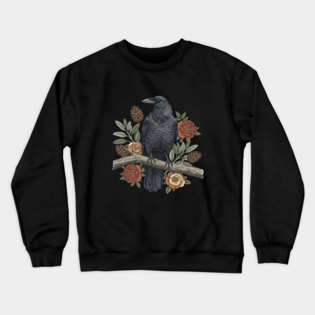 Gothic Raven Crow Botanical Rose Vintage Bird Art Crewneck Sweatshirt by BirdsnStuff