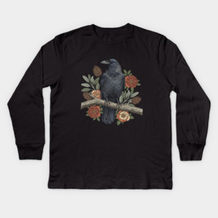 Gothic Raven Crow Botanical Rose Vintage Bird Art Kids Long Sleeve T-Shirt