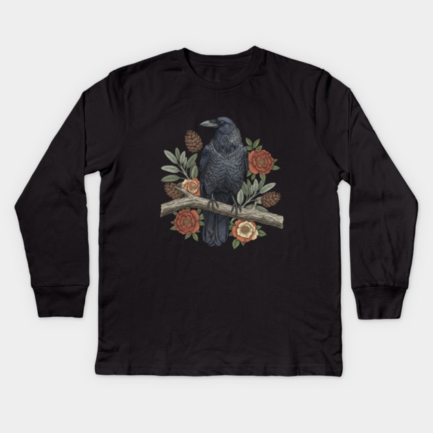 Gothic Raven Crow Botanical Rose Vintage Bird Art Kids Long Sleeve T-Shirt by BirdsnStuff