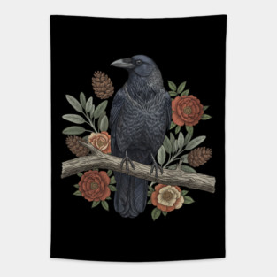 Gothic Raven Crow Botanical Rose Vintage Bird Art Tapestry