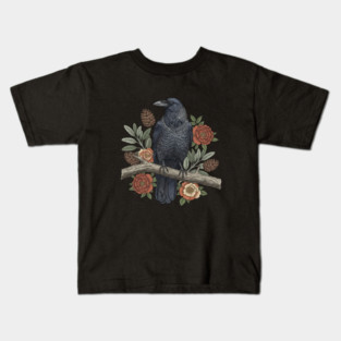Gothic Raven Crow Botanical Rose Vintage Bird Art Kids T-Shirt