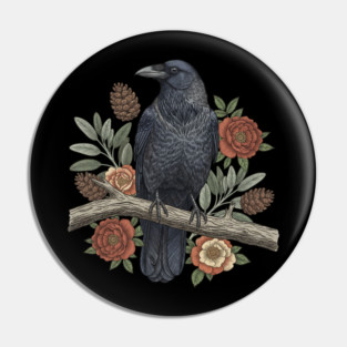 Gothic Raven Crow Botanical Rose Vintage Bird Art Pin