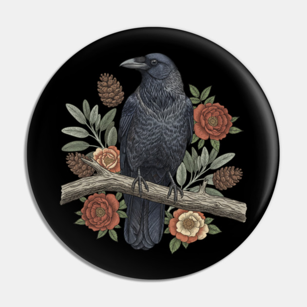 Gothic Raven Crow Botanical Rose Vintage Bird Art Pin by BirdsnStuff