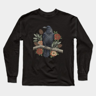 Gothic Raven Crow Botanical Rose Vintage Bird Art Long Sleeve T-Shirt