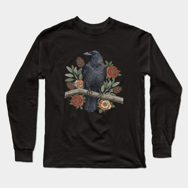Gothic Raven Crow Botanical Rose Vintage Bird Art Long Sleeve T-Shirt by BirdsnStuff