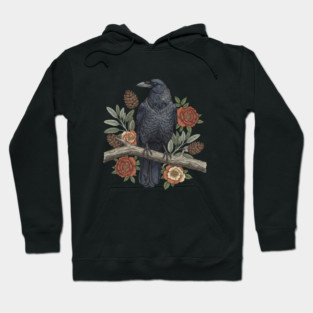 Gothic Raven Crow Botanical Rose Vintage Bird Art Hoodie