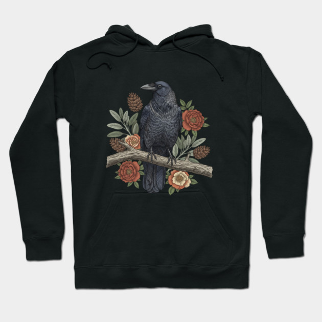 Gothic Raven Crow Botanical Rose Vintage Bird Art Hoodie by BirdsnStuff