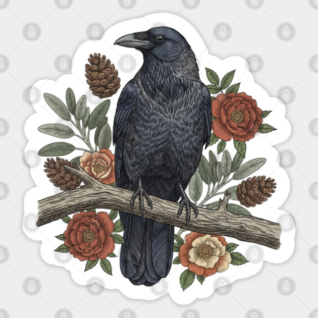 Gothic Raven Crow Botanical Rose Vintage Bird Art Sticker by BirdsnStuff