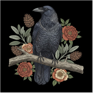 Gothic Raven Crow Botanical Rose Vintage Bird Art Posters and Art