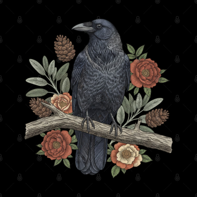 Gothic Raven Crow Botanical Rose Vintage Bird Art by BirdsnStuff